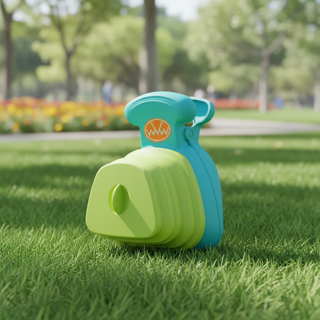 Foldable portable pet waste picker in bright outdoor setting